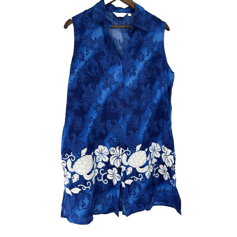 Cabali Floral Blue Sleeveless turtle dress button up tropical resort vacation XL